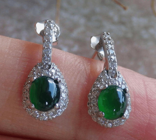 Boucles d'oreilles cabochon jadéite argent sterling 925 vert glacé jade