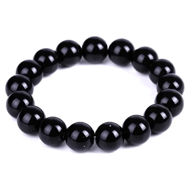 Bracelets en pierre naturelle d'obsidienne noire pour hommes et femmes, 12 mm