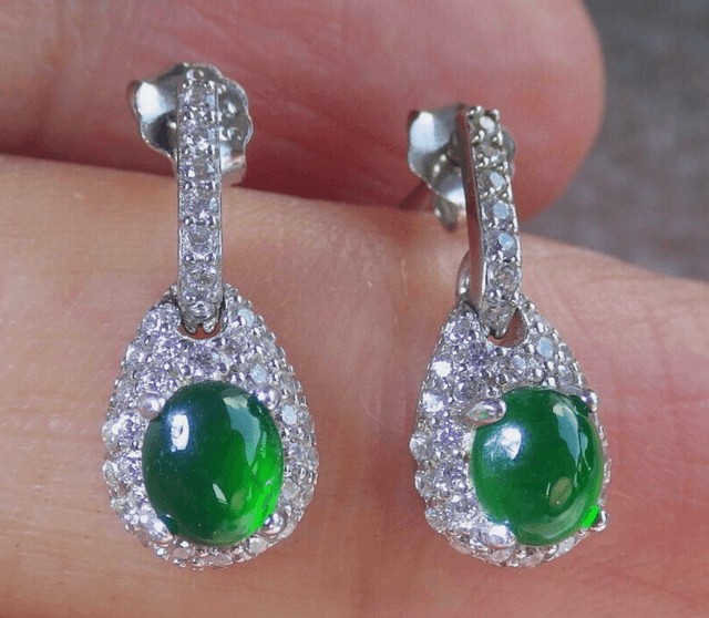 Boucles d'oreilles cabochon jadéite argent sterling 925 vert glacé jade